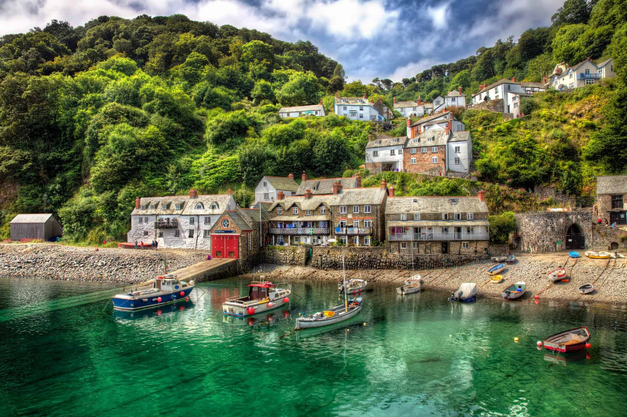 Clovelly life guard station and boats in the harbour