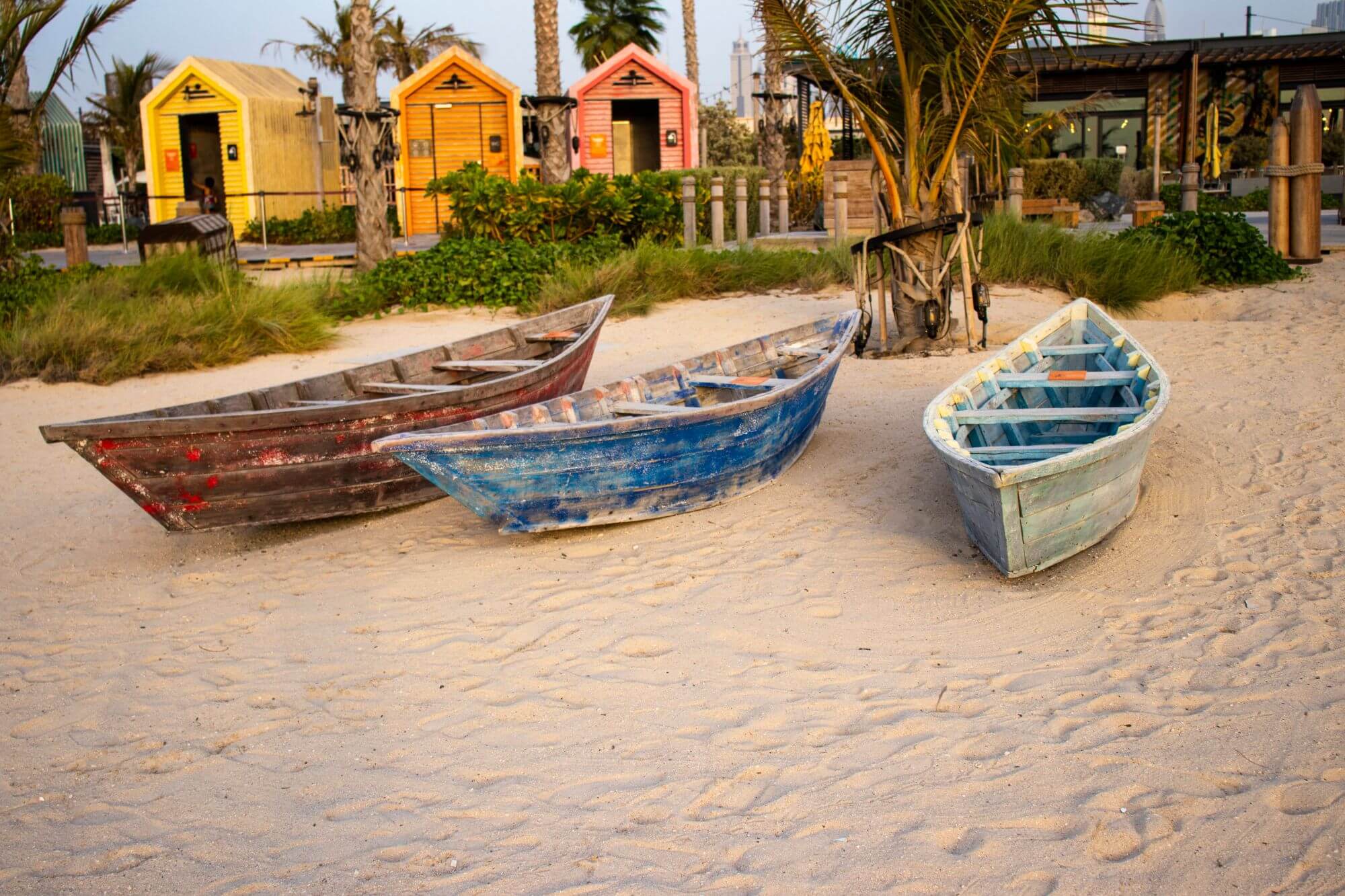 Boats on the La Mer beach in Jumeirah area, Dubai,