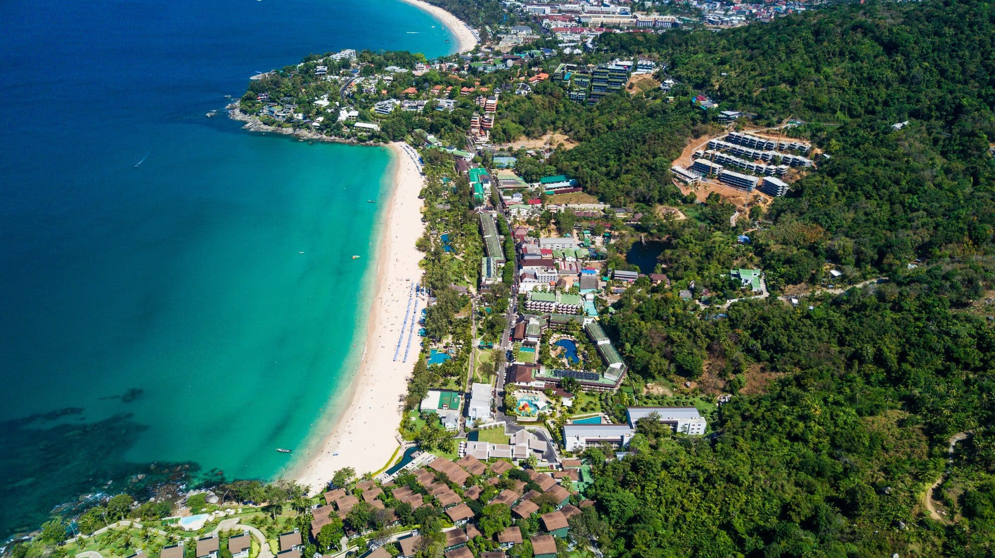 Aerial scenic view over beautiful Andaman sea and 3 bays at Karon Viewpoint, Phuket, Thailand 