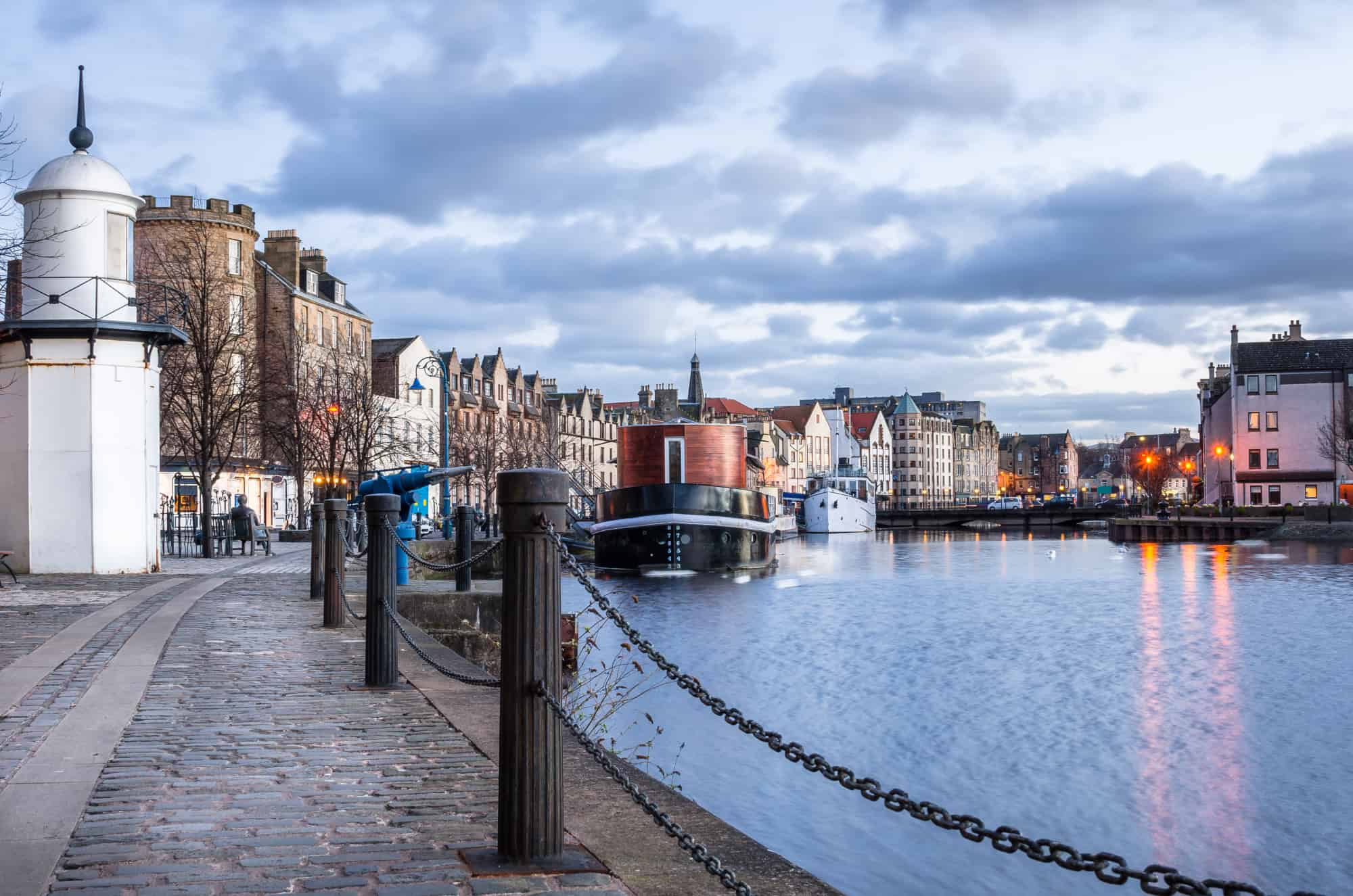 Cobbled footpath at Leith Harbour.
