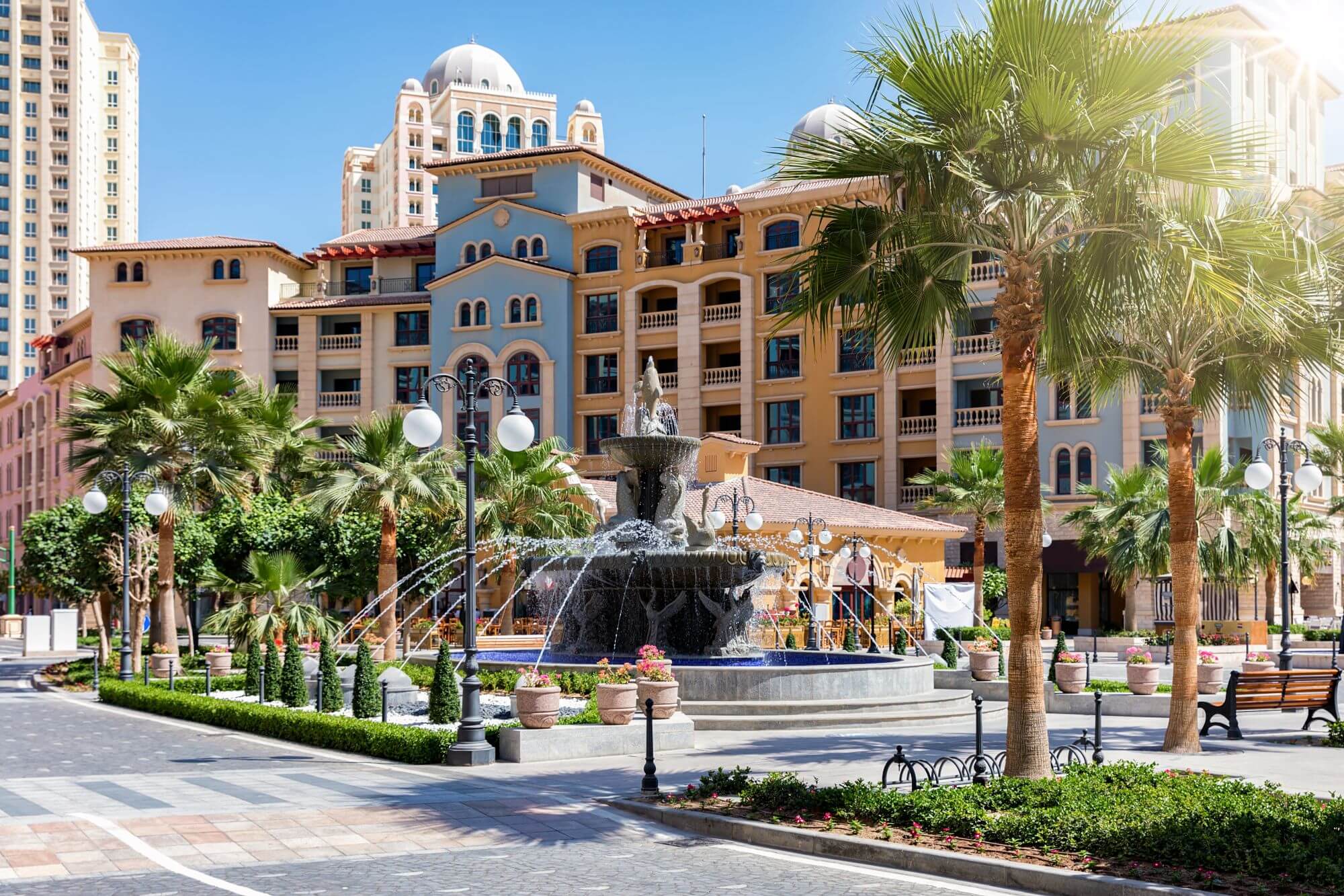 A central square in Doha with fountains and public spaces