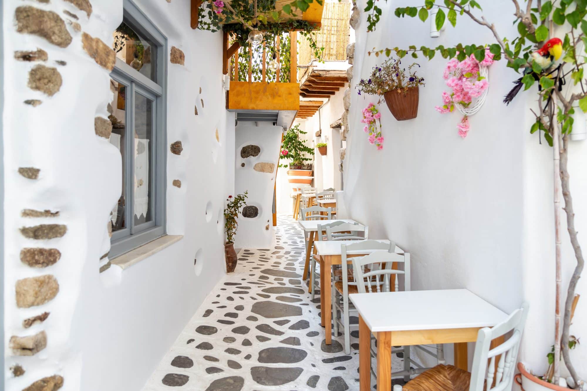 White houses and narrow cobbled steets of Naxos, Greece