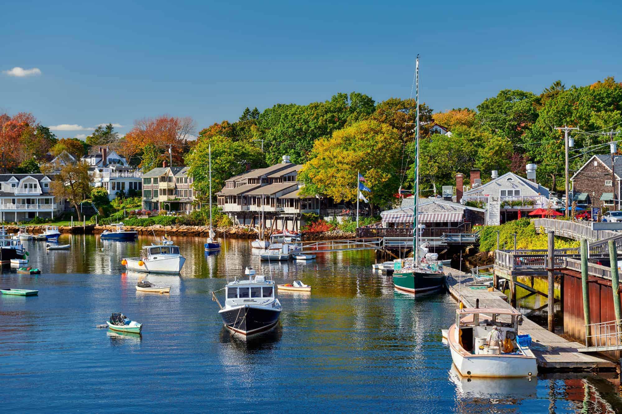 Fishing boats docked in Perkins Cove, Ogunquit, on the coast of Maine south of Portland, USA.