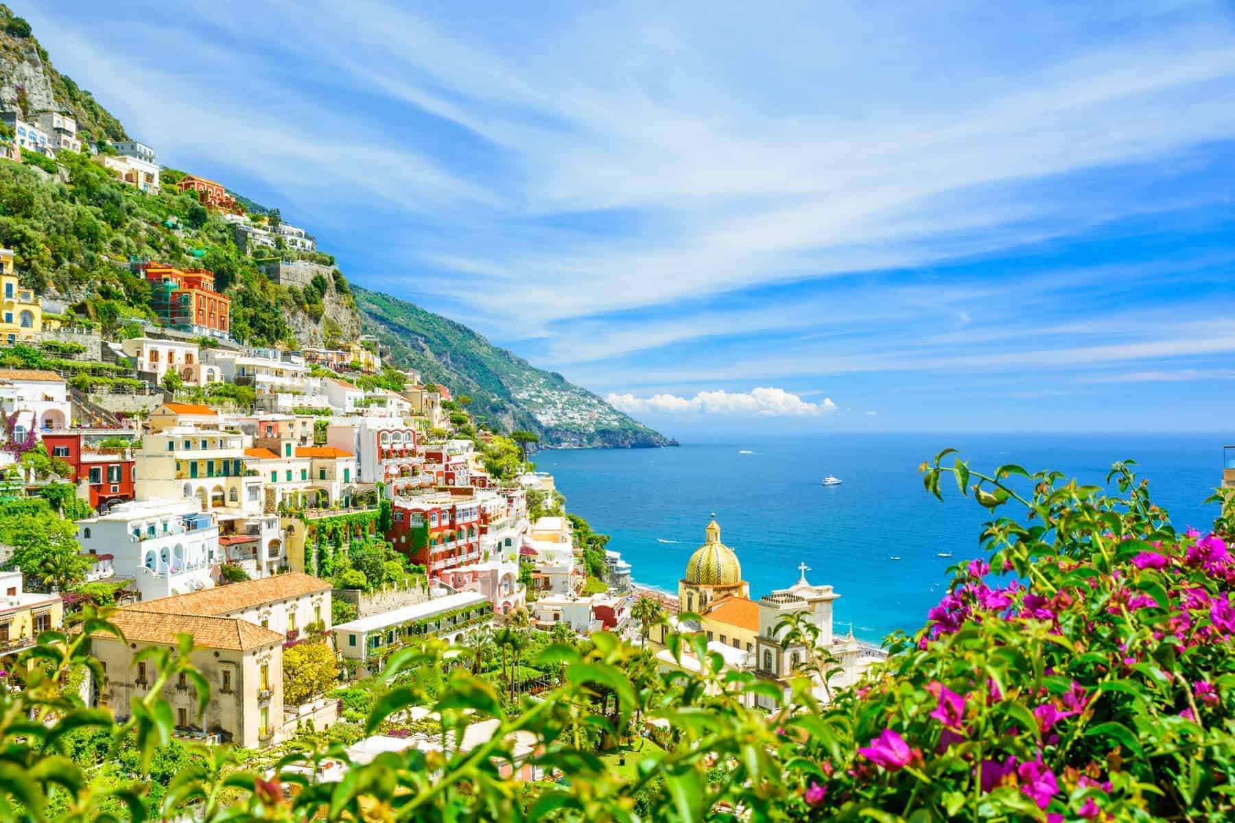 Positano - a colorful cliff town among the green vegetation in the Amalfi region 