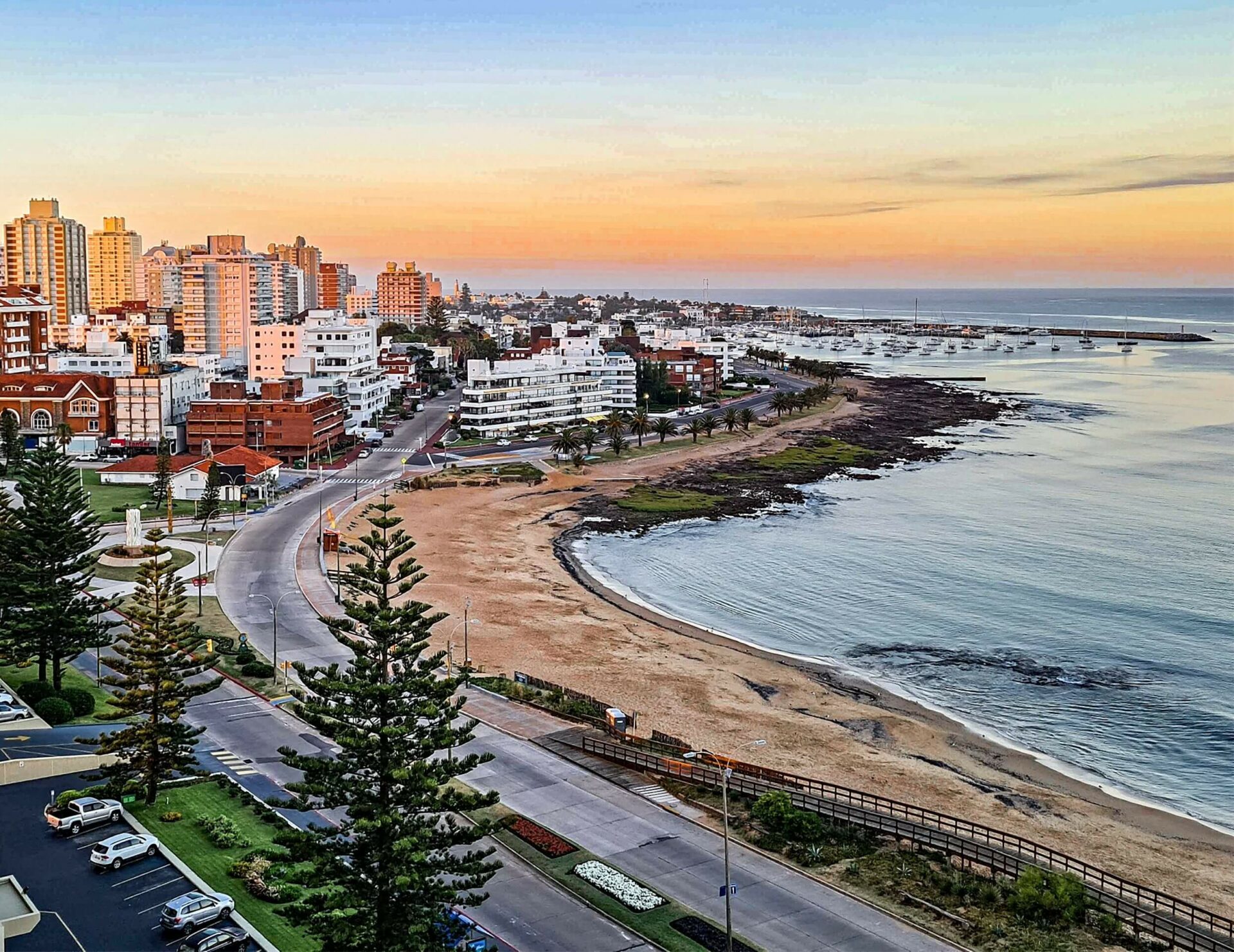 A city beach lines with high rise buildings in Punta del Este in Uruguay
