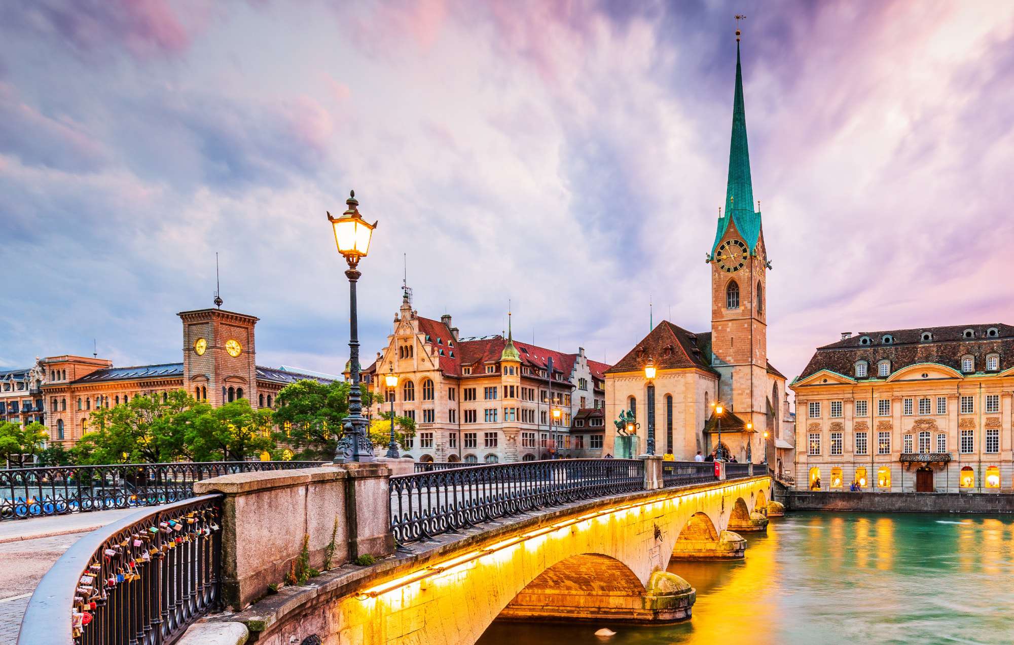 Zurich, the historic city center with Fraumunster Church, on the Limmat River.