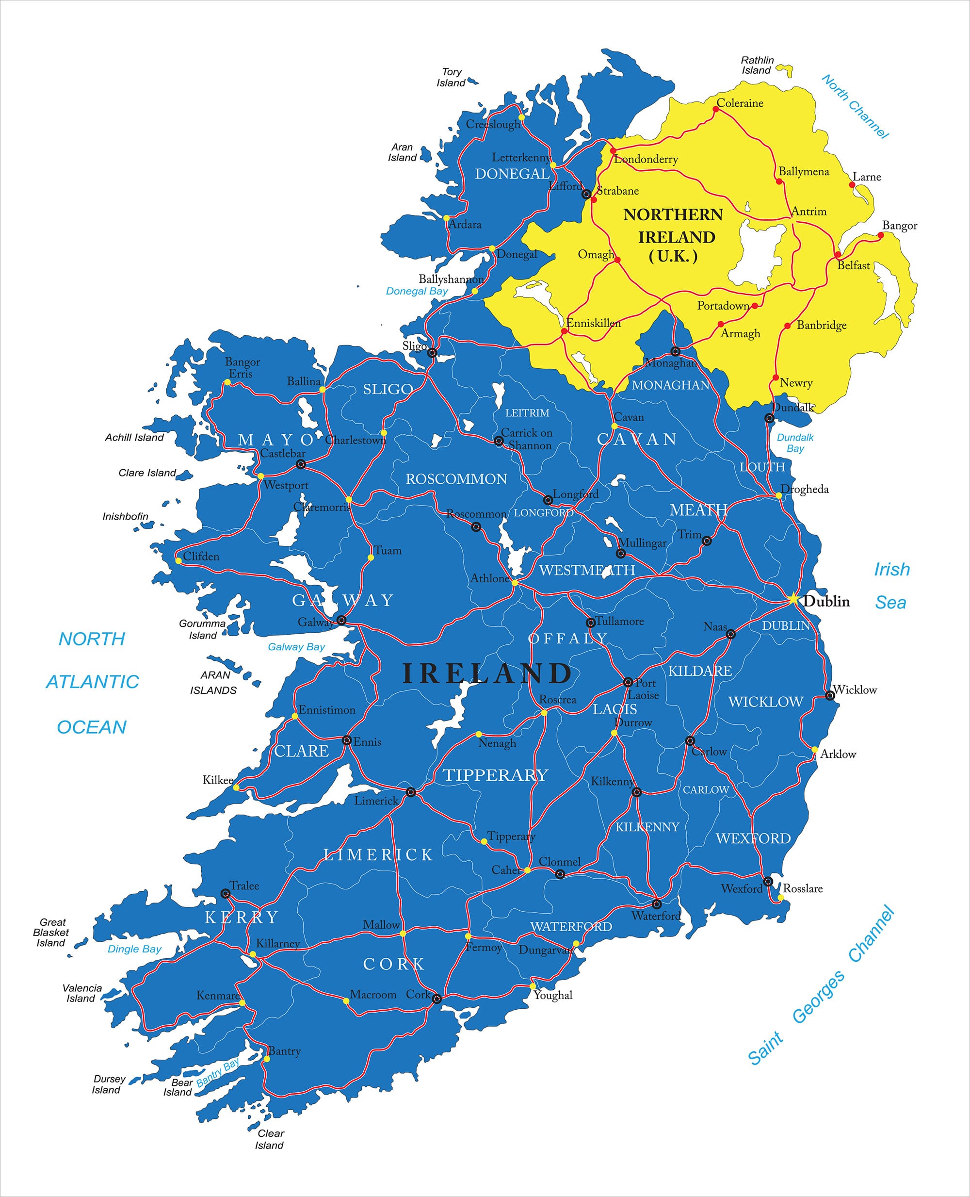 Map: The Republic of Ireland Blue and Northern Ireland Yellow