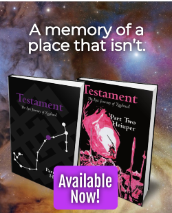 An advertisement for Testament, an epic poem by Keith Senkowski broken into five parts.