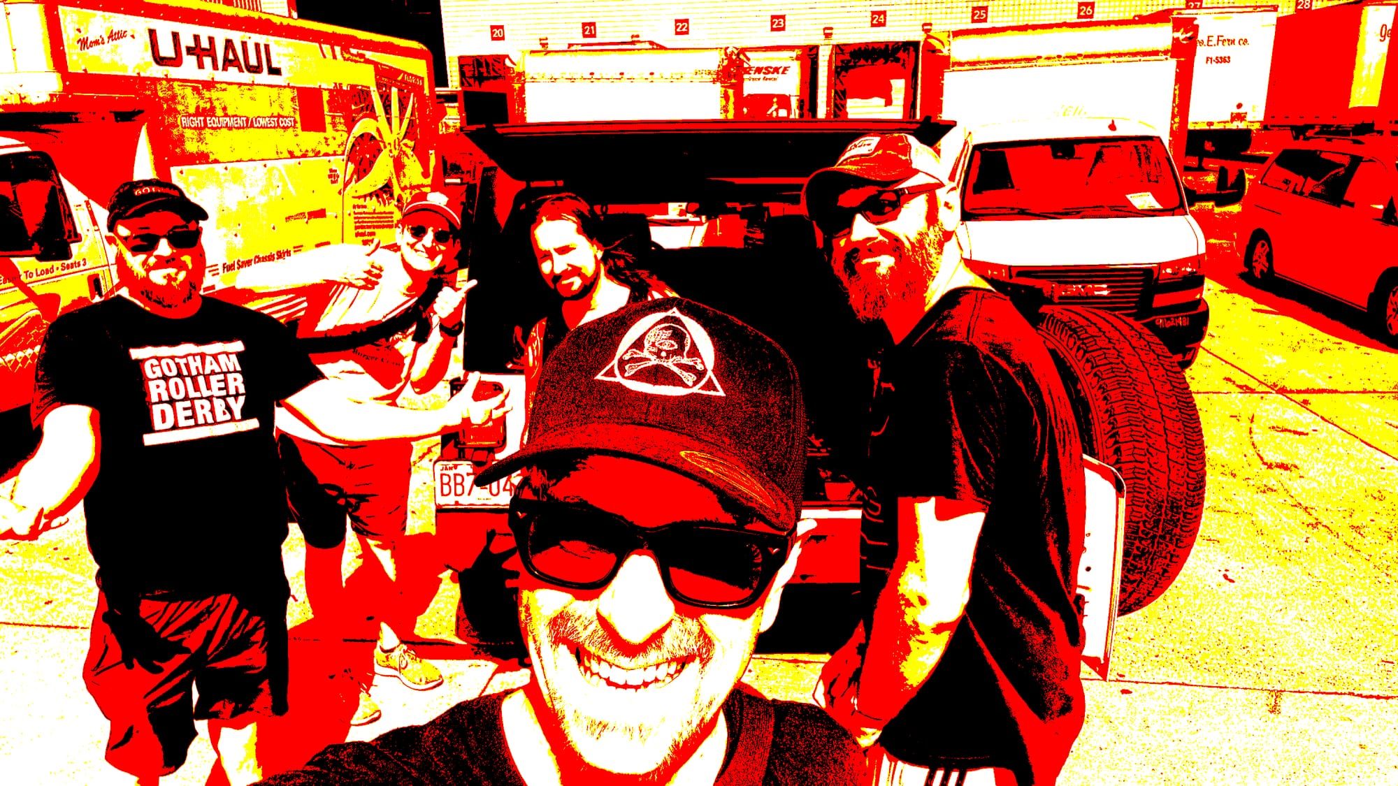 Unloading the boxes for the booth at GenCon. From left to right, Thor, Bobby, Christopher, Luke, Keith