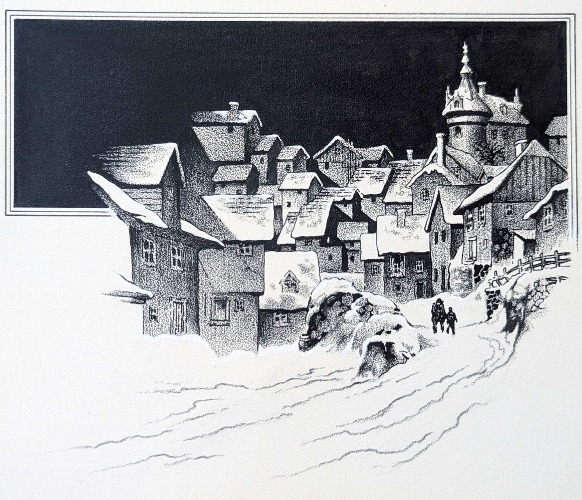 Illustration of a town by Stephan Fabian from the book House of the Wolf