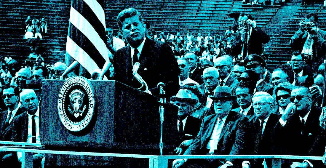 JFK at the podium giving his famous Moon speech.