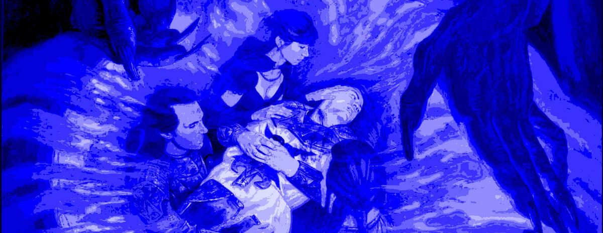Champions of the Mist cover featuring a wounded knight being administered by three compatriots while two large sinister hands loom over them all in the background.