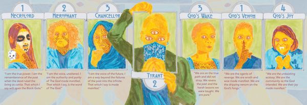 An ink marker illustration of the seven leaders of a snake cult