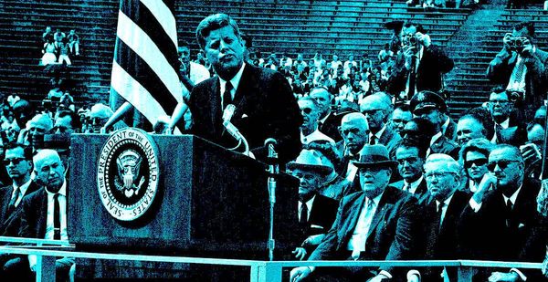 JFK at the podium giving his famous Moon speech.
