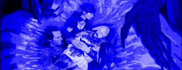 Champions of the Mist cover featuring a wounded knight being administered by three compatriots while two large sinister hands loom over them all in the background.