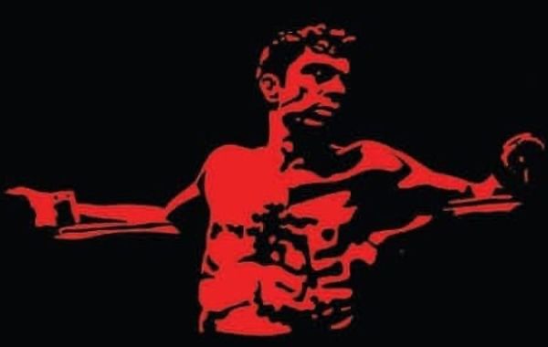 An illustration of a boxer leaning against the ropes, tired and looking off to the side.