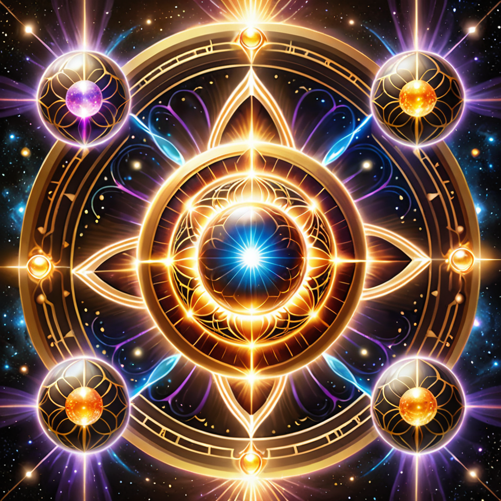 Sacred geometry mandala with three orbiting spheres