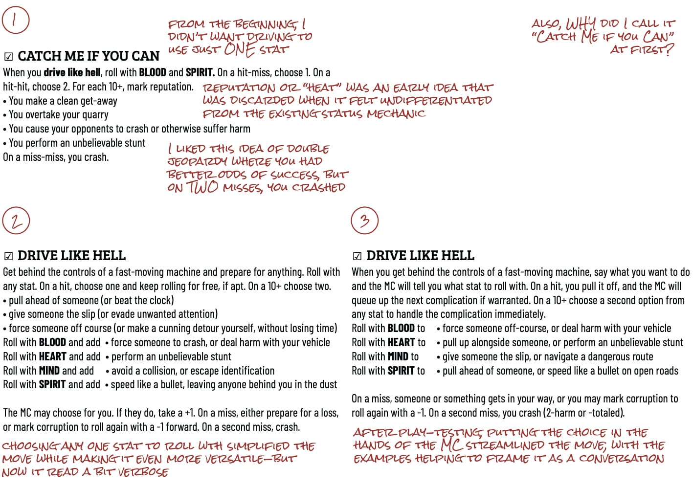An annotated comparison of three versions of the "drive like hell" move