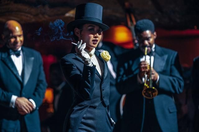 Lady Fay, a character based on Marlene Dietrich, looking very Dietrich-y.