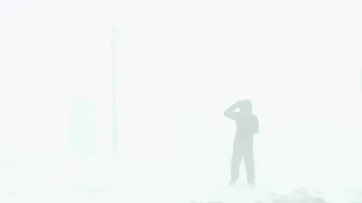 A news anchor disappearing into the snow in a white-out storm, a not at all dramatic metaphor.