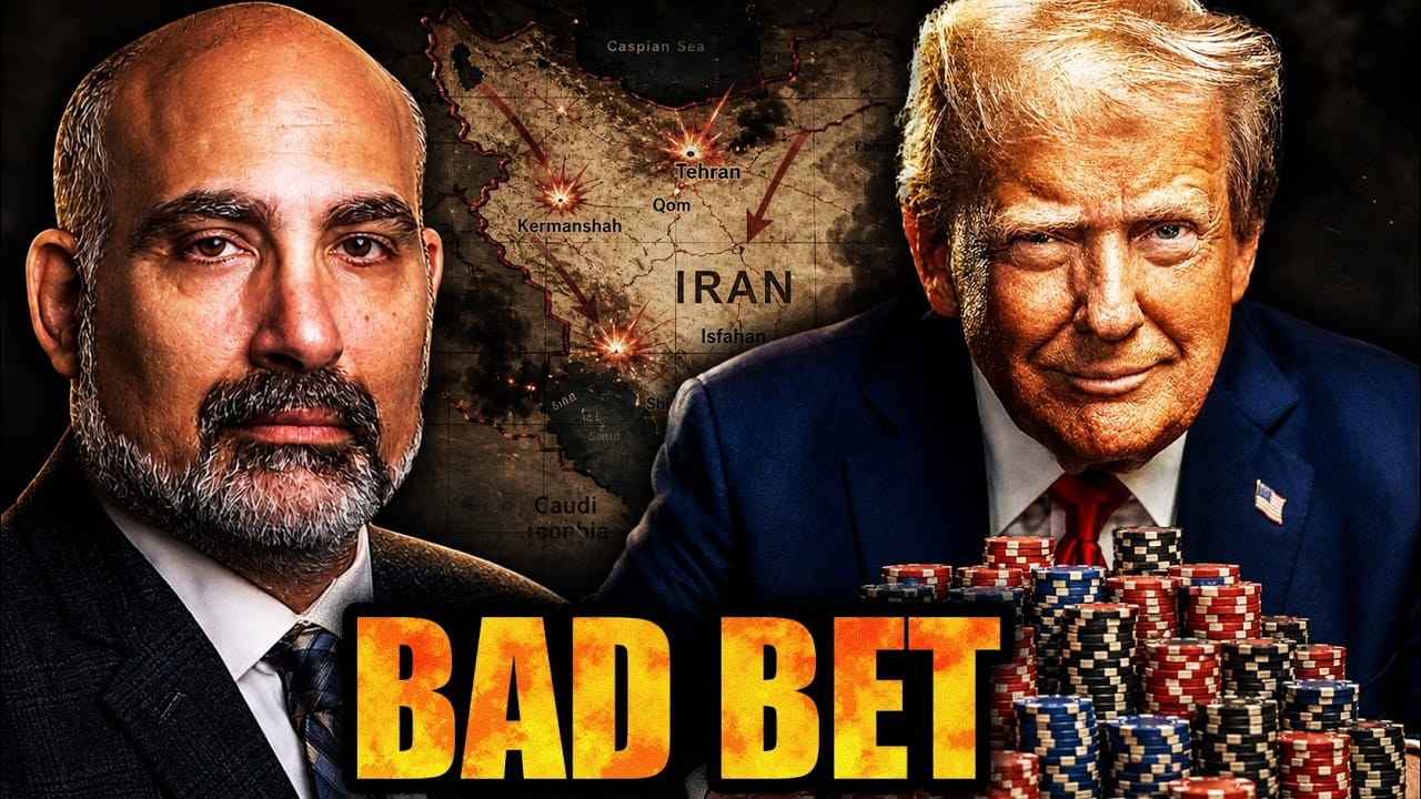 Tom Luongo and Donald Trump either side of a map of Iran, with a stack of poker chips. Title card: Bad Bet