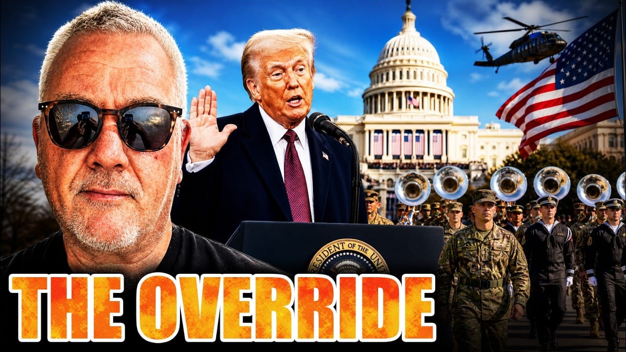 Charles Foxtrot beside Donald Trump taking the oath of office at the Capitol, with a military honour guard and a helicopter overhead. Title card: The Override