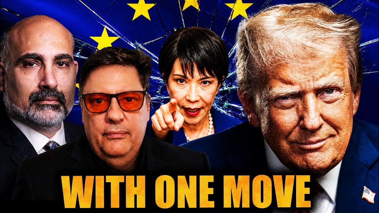 Tom Luongo and Vince Lanci beside a Japanese official and Donald Trump, against a shattered EU flag. Title card: With One Move