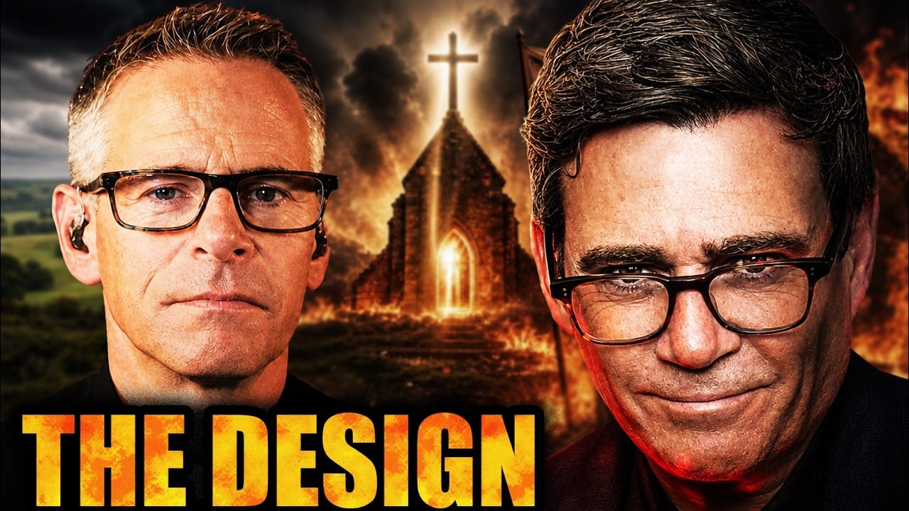 Reverend Chris Wickland and a second figure either side of a burning church beneath a glowing cross. Title card: The Design