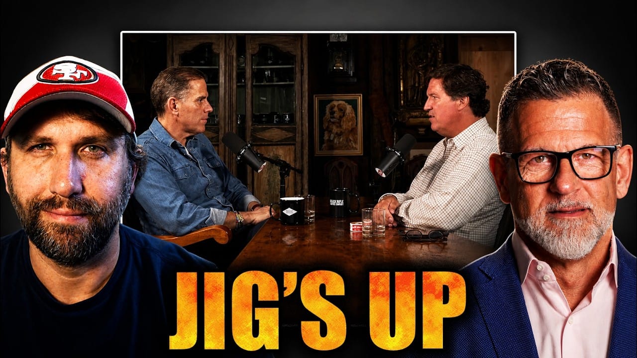 Ace and Steven Kuhn either side of a still from Tucker Carlson's interview with Hunter Biden. Title card: Jig's Up