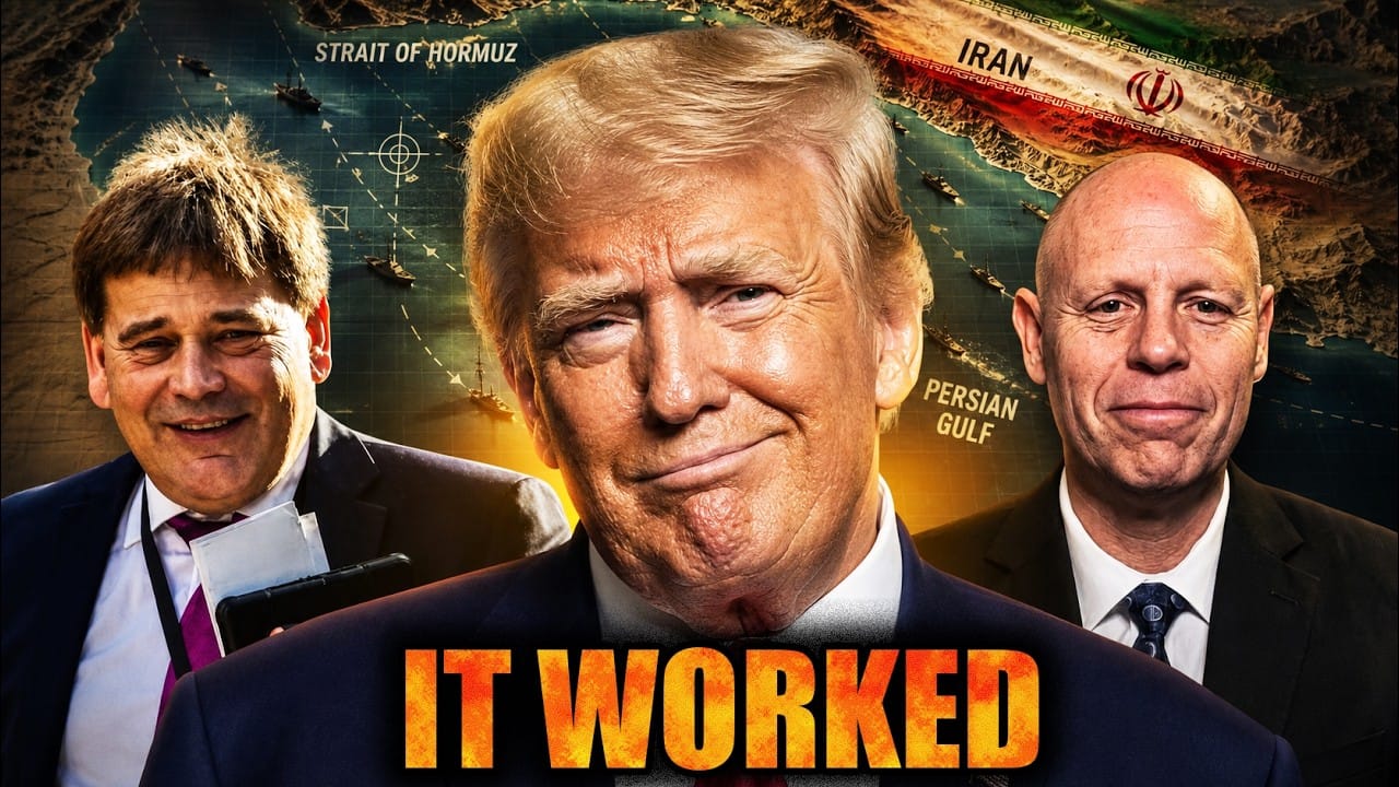 Andrew Bridgen and Blaine Holt either side of Donald Trump, against a map of the Persian Gulf and the Strait of Hormuz. Title card: It Worked