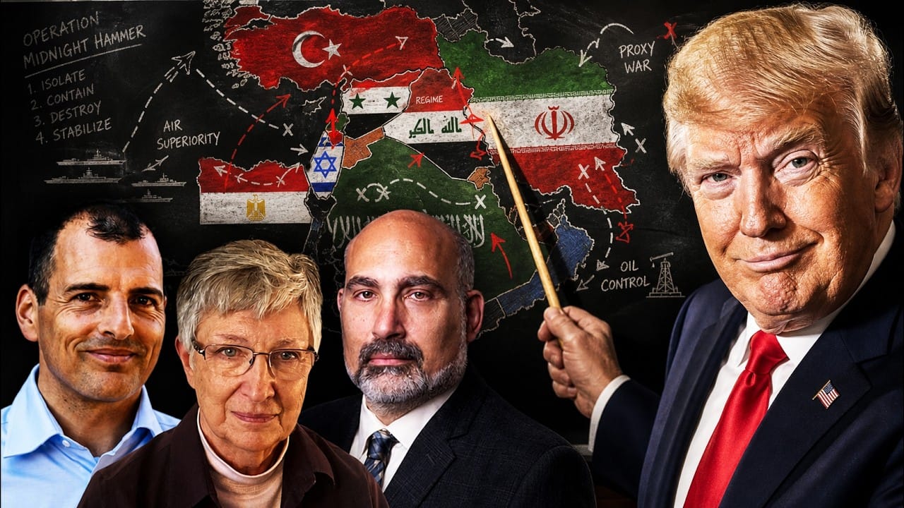 Tom Luongo, Susan Kokinda and Alex Krainer beside Donald Trump at a blackboard map of the Middle East headed Operation Midnight Hammer