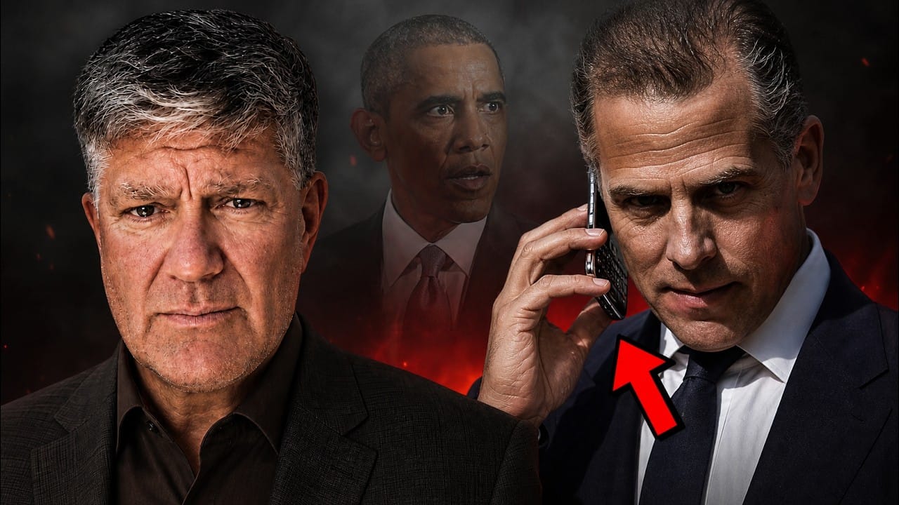 George Webb on the left, Barack Obama in shadow between them, and Hunter Biden on the right holding a BlackBerry to his ear with a red arrow pointing at the phone