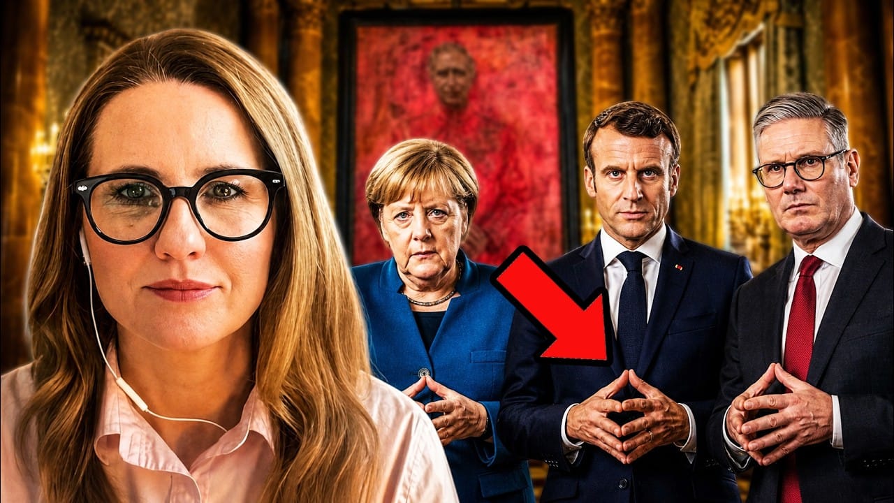 Kerry Hopkins in black-framed glasses and earphones, beside Angela Merkel, Emmanuel Macron and Keir Starmer all making the identical steepled-hands gesture, a red arrow pointing at it, in a gilded room hung with the red portrait of King Charles III