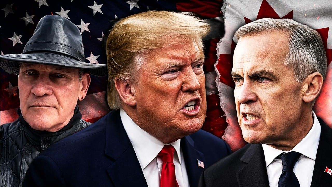Jim Torma in a wide-brimmed black hat on the left against the Stars and Stripes, Donald Trump shouting in the centre, and Mark Carney scowling on the right against a torn Canadian flag