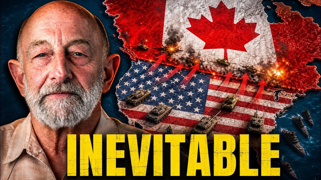 Clif High, bald with a white beard, on the left against a dark blue background. On the right a map of North America with the Canadian flag over Canada and the Stars and Stripes over the United States, tanks massed along the border, red arrows pushing north into Canada, explosions along the frontier and warships off the coast. Title card: Inevitable