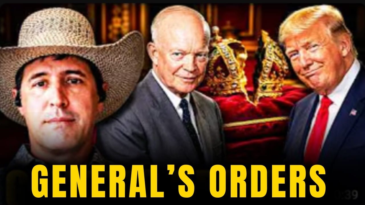 Derek Johnson in a wide straw cowboy hat on the left, Dwight D. Eisenhower in a grey suit in the centre, and Donald Trump smiling on the right, with a jewelled gold crown resting on a red velvet throne behind them. Title card: General’s Orders