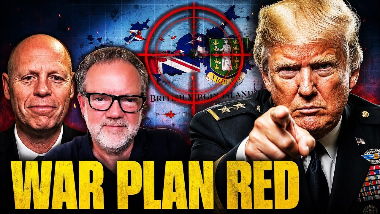 Blaine Holt in a dark suit on the left and Mark Attwood in black-framed glasses beside him, with the map and coat of arms of the British Virgin Islands inside a red crosshair in the centre, and Donald Trump on the right in a general’s dress uniform pointing at the viewer. Title card: War Plan Red