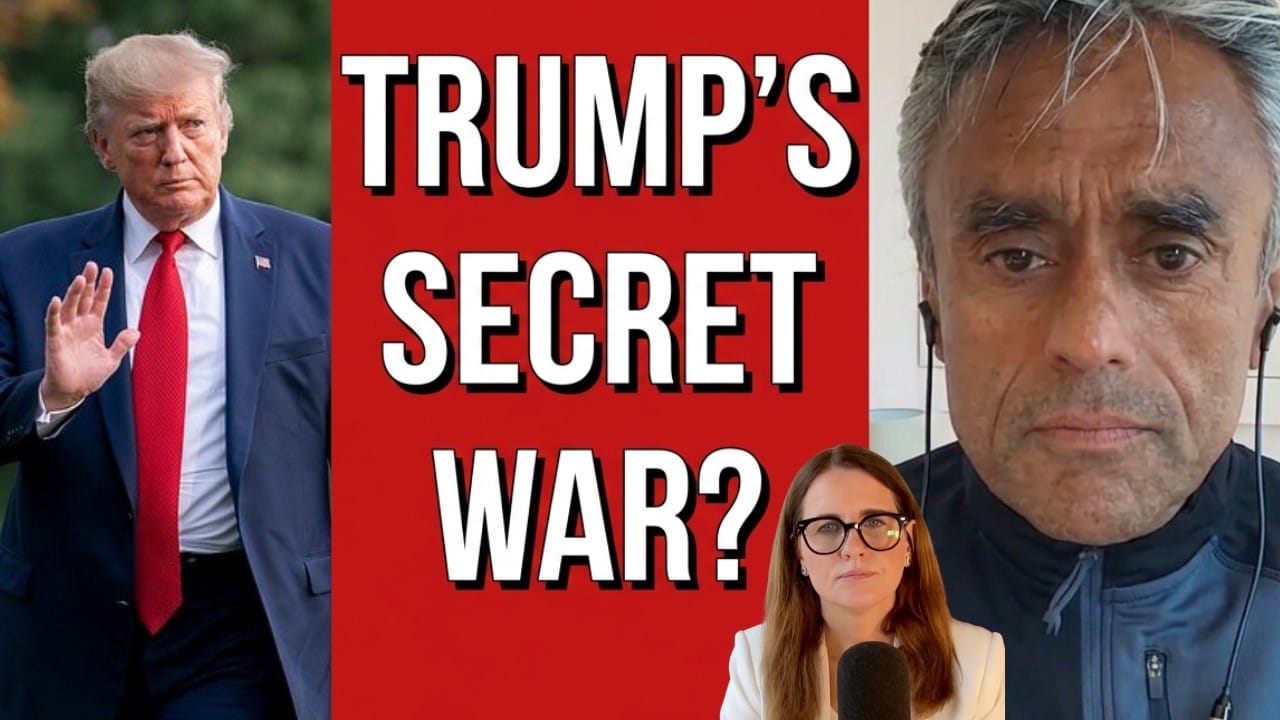 Donald Trump in a navy suit with his hand raised on the left, a red panel reading “Trump’s Secret War?” in the centre with Kerry Hopkins in dark-framed glasses at a microphone below it, and Rich on the right wearing earphones and a navy zip-up top.