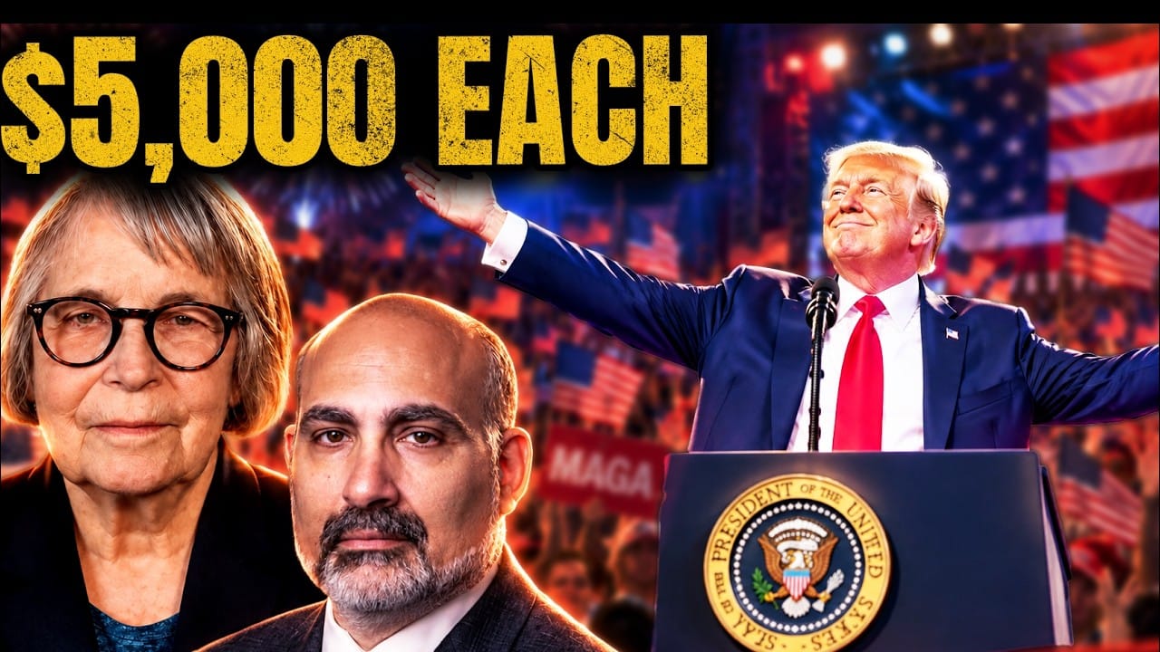 Barbara Boyd, short grey hair and round black glasses, and Tom Luongo, bald with a dark beard, side by side on the left. On the right Donald Trump at a presidential lectern with one arm outstretched, in front of a rally crowd with American flags and MAGA signs. Title card: $5,000 EACH