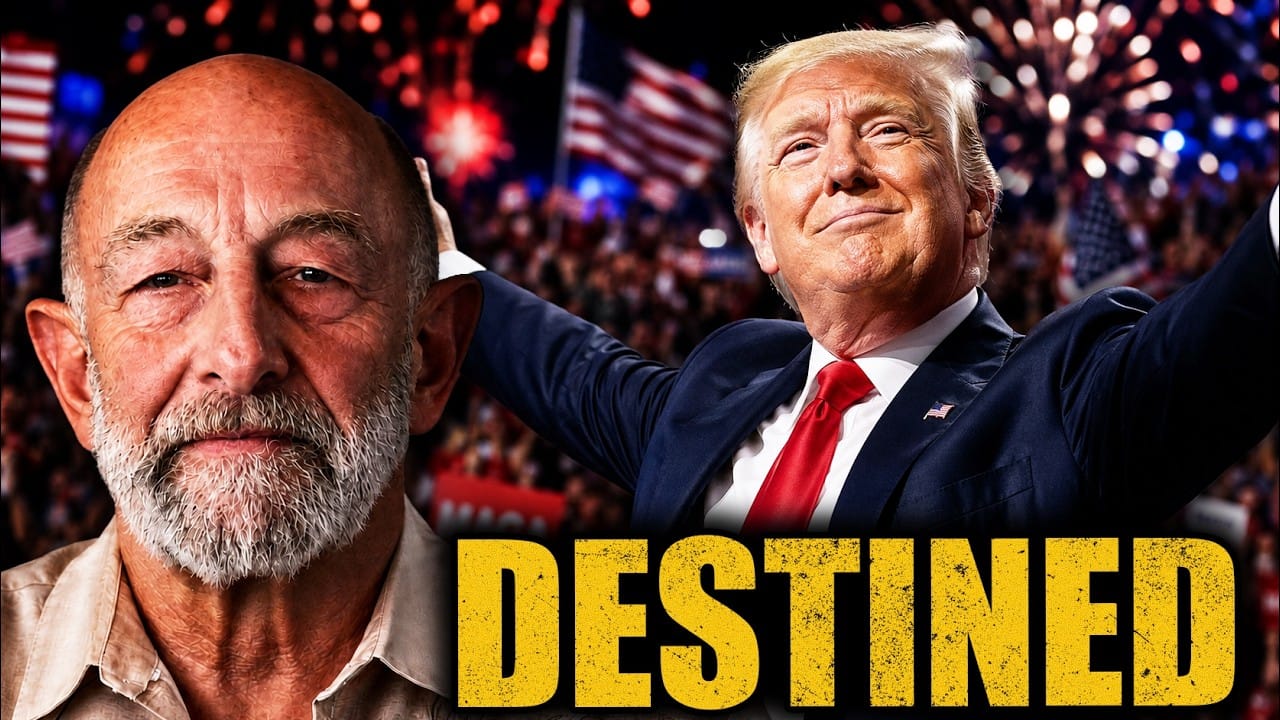 Clif High, bald with a grey beard and a pale open-necked shirt, on the left. On the right Donald Trump in a dark suit and red tie, arms spread wide and smiling, in front of a rally crowd with Stars and Stripes flags, MAGA signs and fireworks. Title card: DESTINED