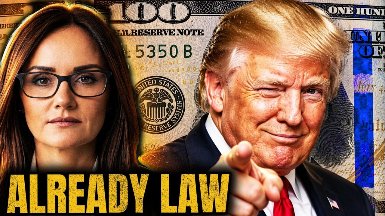Melissa Ciummei, long dark hair and black-rimmed glasses, on the left. On the right Donald Trump pointing straight at the viewer and smiling, both set against a blown-up one hundred dollar Federal Reserve note. Title card: ALREADY LAW