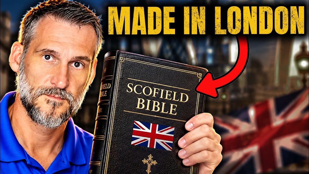 Pastor Adam Fannin, grey hair and beard in a blue polo shirt, on the left, holding up a black leather book embossed SCOFIELD BIBLE with a Union Jack on its cover. A red arrow points at the book from the title card, with a Union Jack and the City of London skyline behind. Title card: MADE IN LONDON