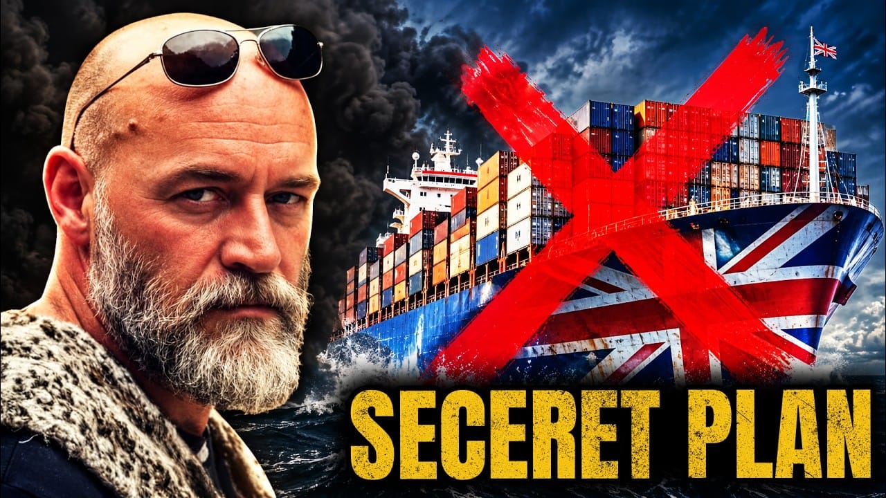EM Burlingame, bald with a grey beard, sunglasses pushed up on his head and a fur-collared coat, on the left. On the right a container ship painted with the Union Jack, ploughing through dark seas under black smoke, with a large red X sprayed across it. Title card: SECERET PLAN