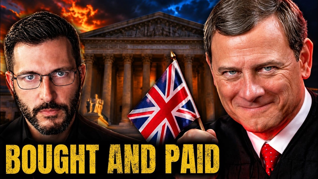 Jon Herold, dark hair, dark beard and glasses, on the left. On the right Chief Justice John Roberts in his black robe and red polka-dot tie, smirking and holding a small Union Jack, in front of the US Supreme Court building under a stormy orange and blue sky. Title card: BOUGHT AND PAID