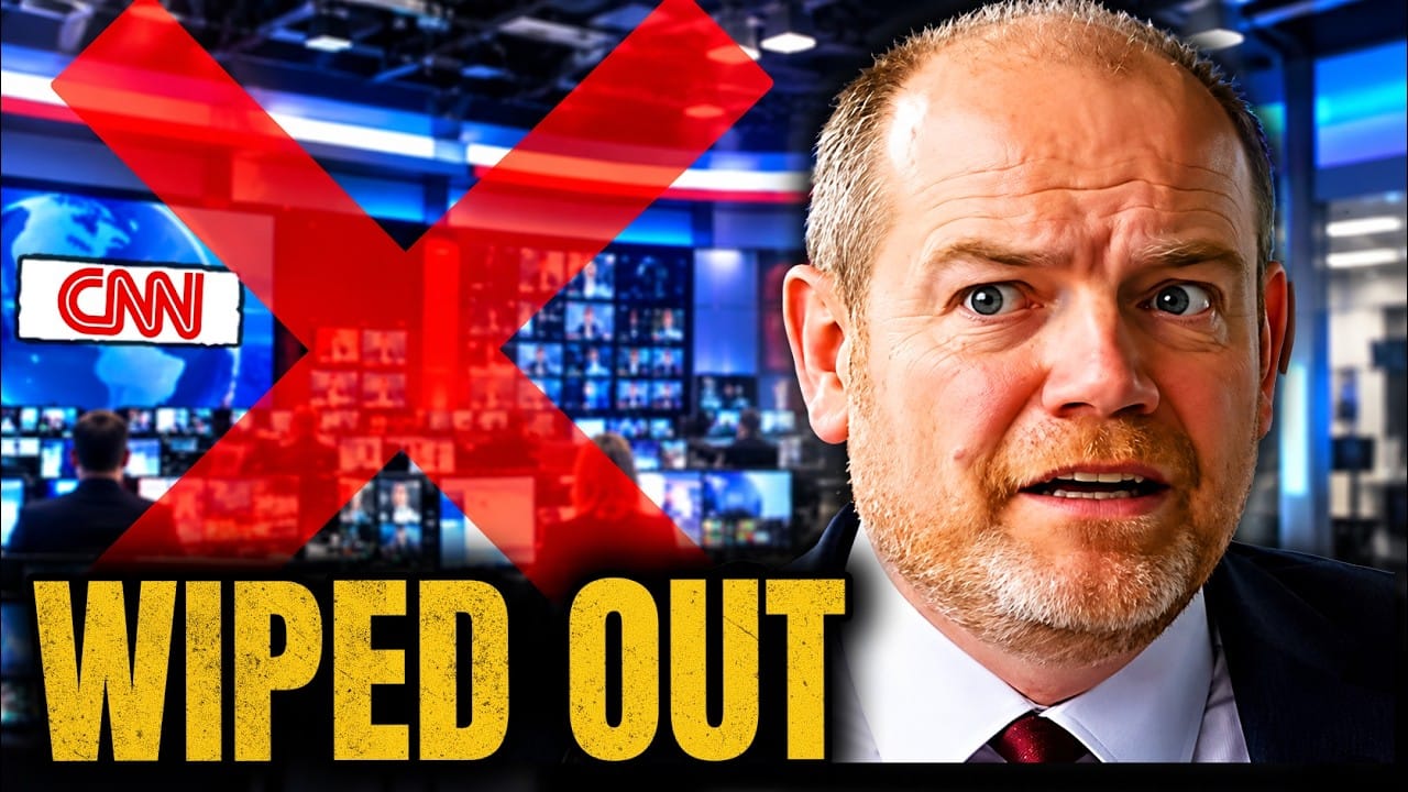 A large red X struck through a CNN newsroom, with the CNN logo at the left. On the right a balding, wide-eyed man in a dark suit, white shirt and red tie, mouth open. Title card: WIPED OUT