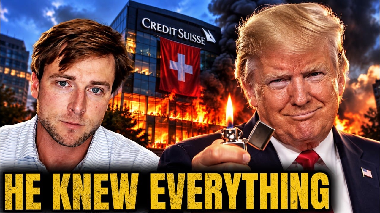Ghost of Bedford Park Heights, young with swept brown hair and a striped shirt, on the left. On the right Donald Trump smiles and holds up a lit Zippo lighter in front of the Credit Suisse headquarters, a Swiss flag hanging from it, engulfed in flames and black smoke. Title card: HE KNEW EVERYTHING