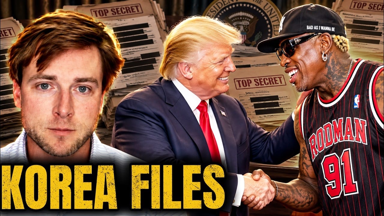 Ghost of Bedford Park Heights, young with tousled brown hair, on the left. In the centre Donald Trump shakes hands with a laughing Dennis Rodman in a black cap, sunglasses and a red number 91 Rodman jersey, in front of stacks of redacted TOP SECRET files and the presidential seal. Title card: KOREA FILES