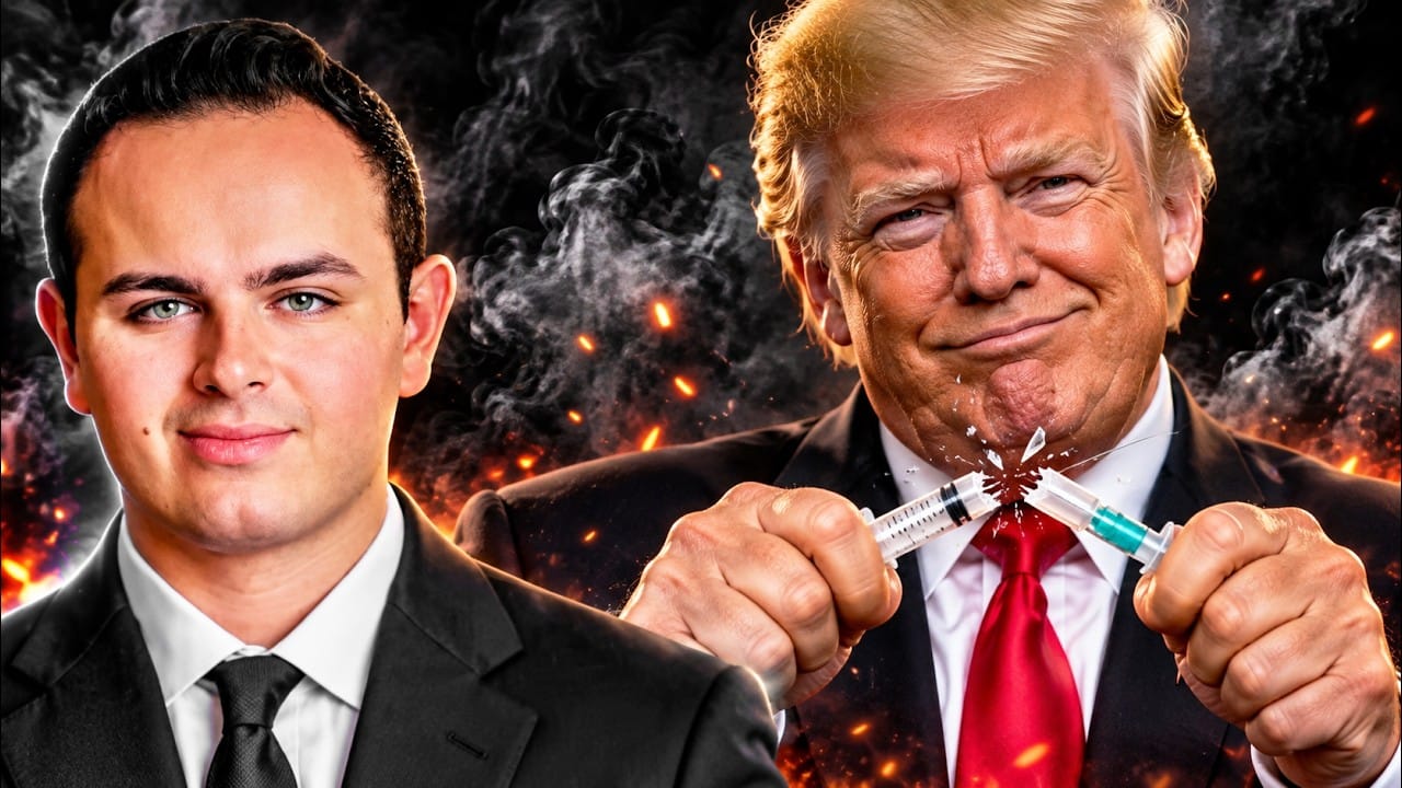 Nicholas Hulscher, young, dark-haired, in a black suit and tie, on the left. On the right a smiling Donald Trump snaps a syringe in two in front of smoke and embers. No title card.