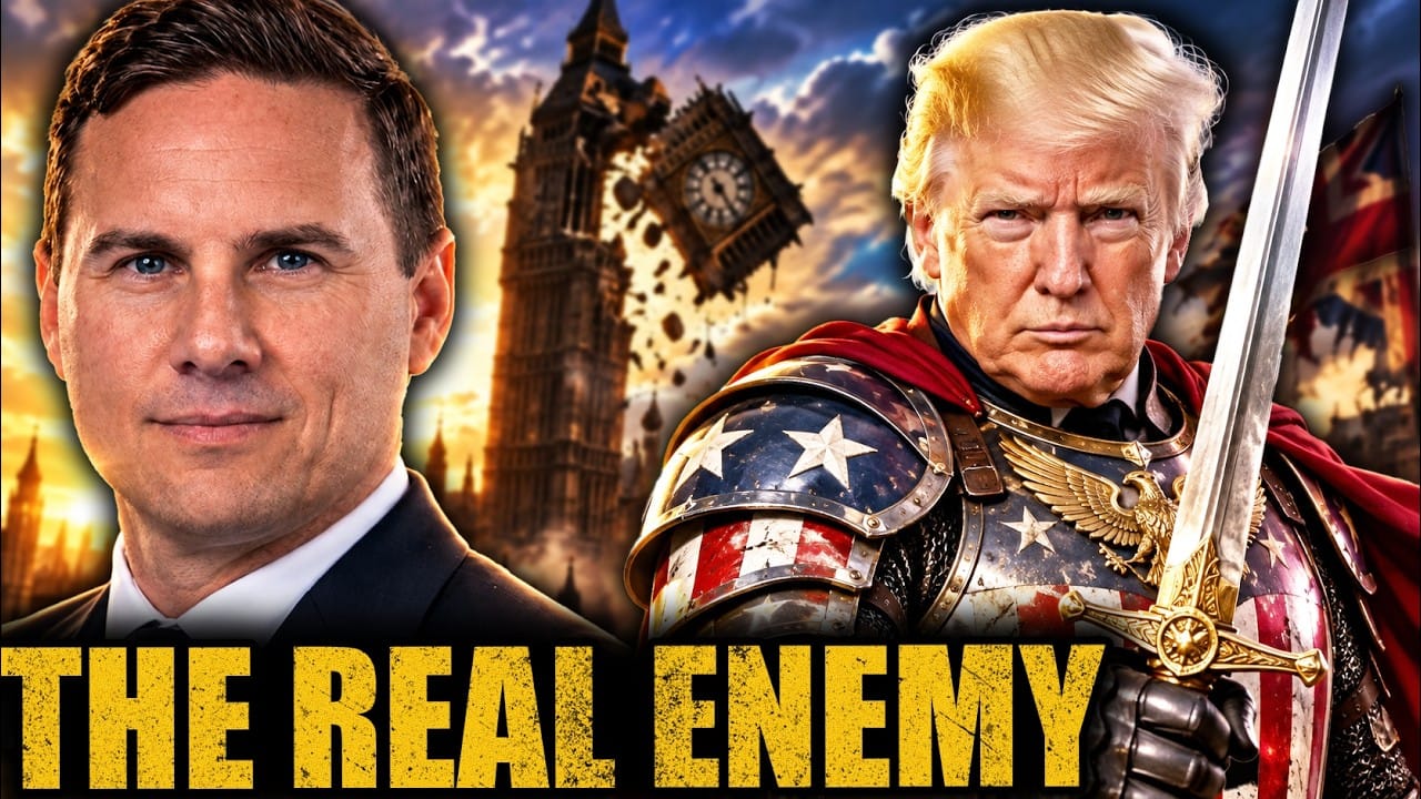 Mike Steger in a dark suit on the left. On the right Donald Trump in stars-and-stripes armour and a red cape, holding a sword, as Big Ben’s clock face breaks apart behind him. Title card: THE REAL ENEMY