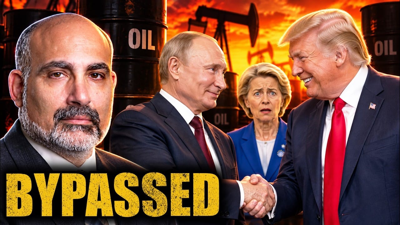 Tom Luongo, bald with a grey beard, on the left. Vladimir Putin and Donald Trump shake hands, smiling, while a startled Ursula von der Leyen looks on between them, oil barrels and pumpjacks against a burning orange sky. Title card: BYPASSED